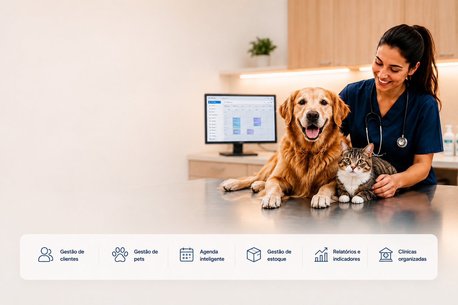 Profissional veterinária com um cachorro e um gato na clínica