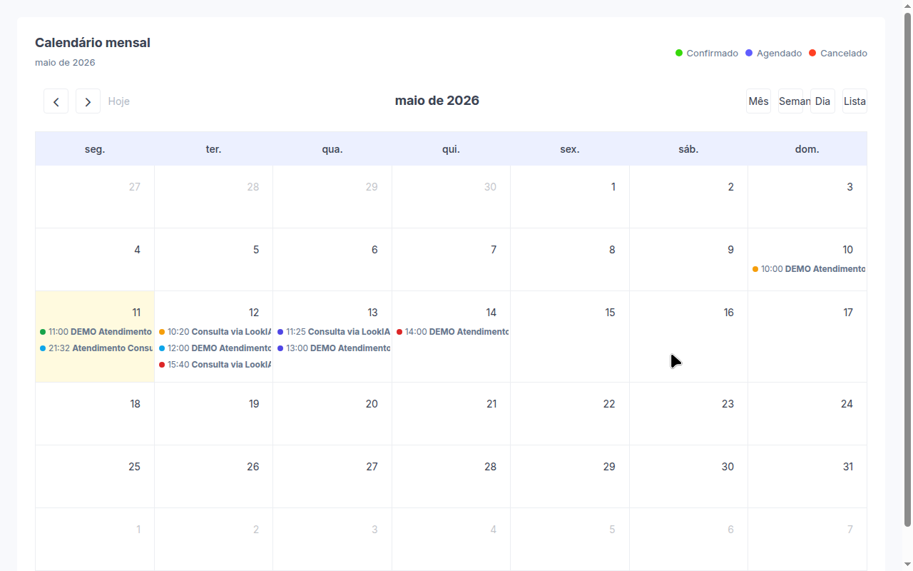 Calendário operacional do Lookvet em tela cheia